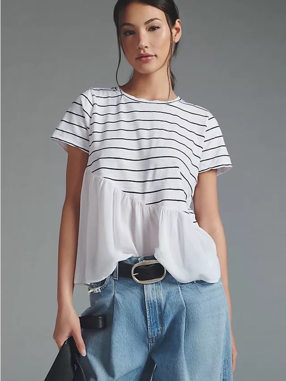 Anthropologie White & Black Striped Peplum Short-Sleeve Shirt, Size XL-P, NWT